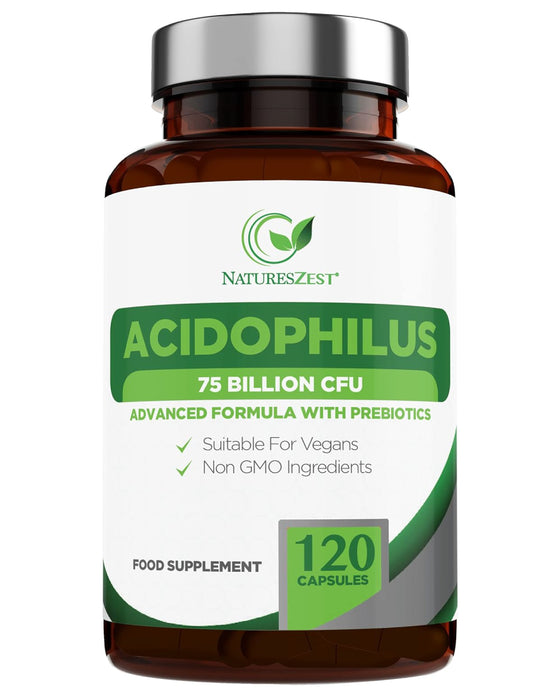 High Strength Probiotic 75 Billion CFU for Gut & Digestive Health Support – Lactobacillus Acidophilus with Prebiotics, 120 Capsules