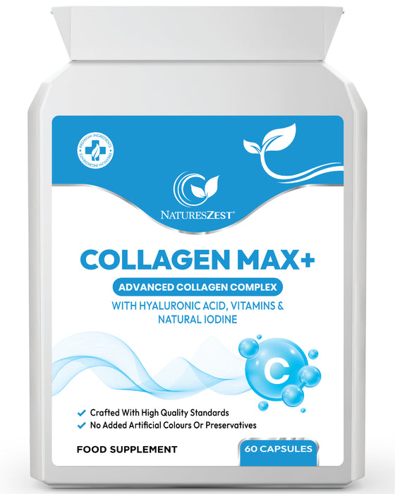 Collagen Capsules for Skin, Hair & Nail Health – Collagen MAX+ with Hyaluronic Acid, Seaweed, Vitamins C & E, Biotin, 60 Capsules