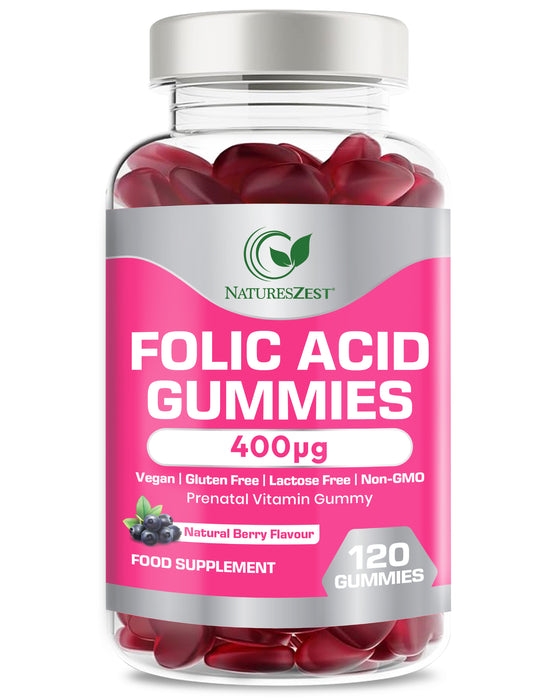Folic Acid Gummies for Prenatal & Pregnancy Support – 400µg Natural Berry Flavour, 120 Gummies for Women