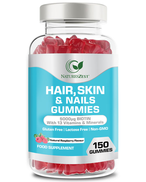 Hair, Skin & Nails Gummies with Biotin 5000µg – Natural Raspberry Flavour, 150 Vegan Gummies for Men & Women