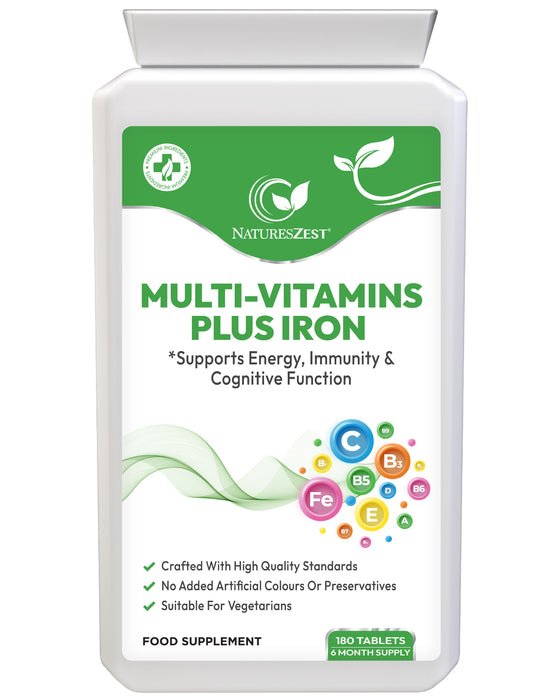Multivitamin Plus Iron for Energy, Immunity & Cognitive Support – High Strength Formula, 180 Vegetarian Tablets (6-Month Supply)