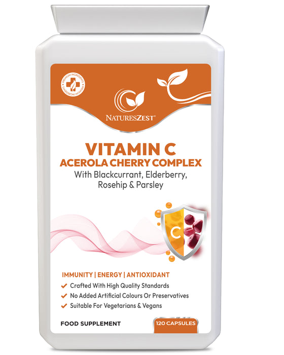 Vitamin C Complex for Immune & Energy Support – Natural Acerola Cherry with Elderberry, Rosehip & Blackcurrant, 120 Vegan Capsules