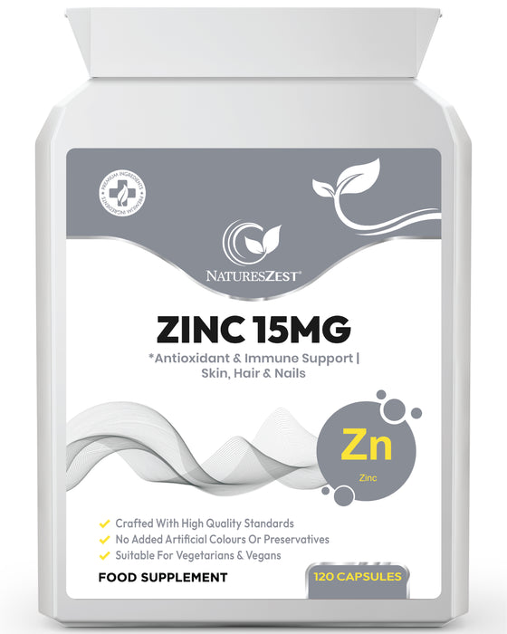 Zinc Supplement for Immunity, Skin & Cognitive Health Support – Highly Absorbable Zinc Citrate 15mg, 120 Vegan Capsules for Hair, Skin, Nails & Bones