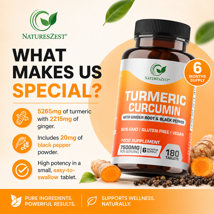 Turmeric Curcumin for Joint Comfort & Mobility Support– High Strength 7500mg Complex with Black Pepper & Ginger, 180 Tablets
