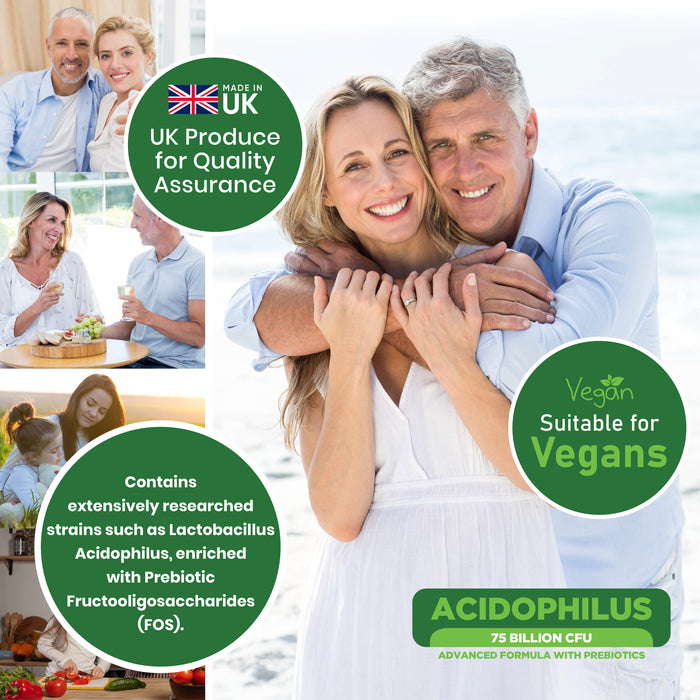 High Strength Probiotic 75 Billion CFU for Gut & Digestive Health Support – Lactobacillus Acidophilus with Prebiotics, 120 Capsules