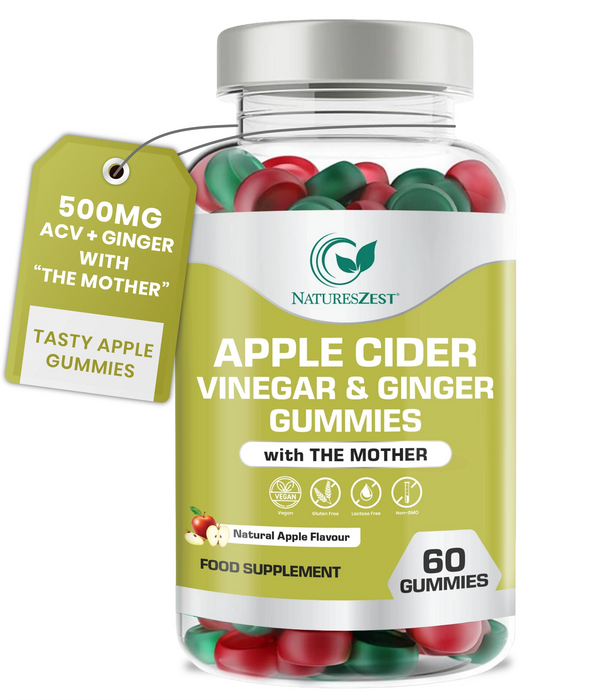 Apple Cider Vinegar & Ginger Gummies with The Mother | 500mg ACV + 10mg Ginger per Serving, Natural Apple Flavour | 60 Gummies