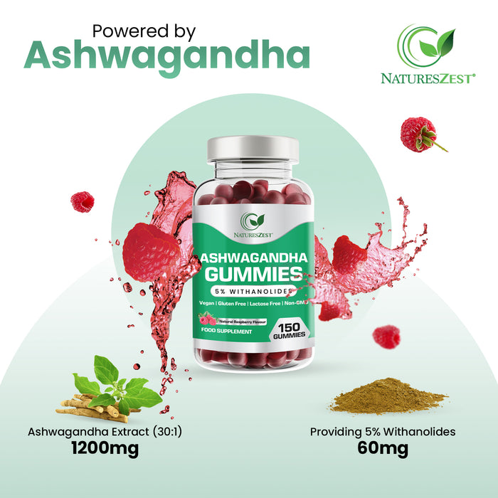 Ashwagandha Gummies for Stress, Mood & Energy Support – Premium Extract 5% Withanolides, Natural Raspberry Flavour, 150 Vegan Gummies