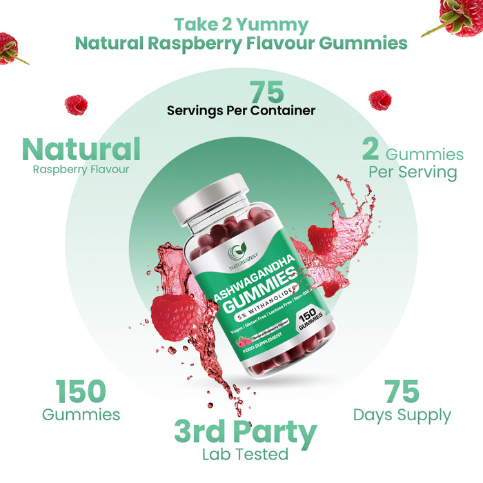 Ashwagandha Gummies for Stress, Mood & Energy Support – Premium Extract 5% Withanolides, Natural Raspberry Flavour, 150 Vegan Gummies