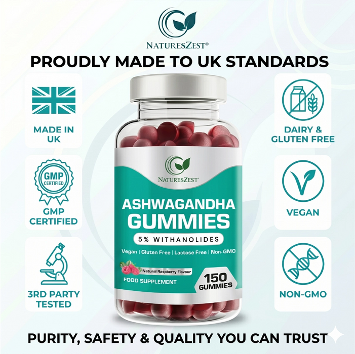 Ashwagandha Gummies for Stress, Mood & Energy Support – Premium Extract 5% Withanolides, Natural Raspberry Flavour, 150 Vegan Gummies