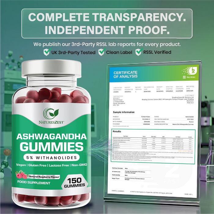 Ashwagandha Gummies for Stress, Mood & Energy Support – Premium Extract 5% Withanolides, Natural Raspberry Flavour, 150 Vegan Gummies