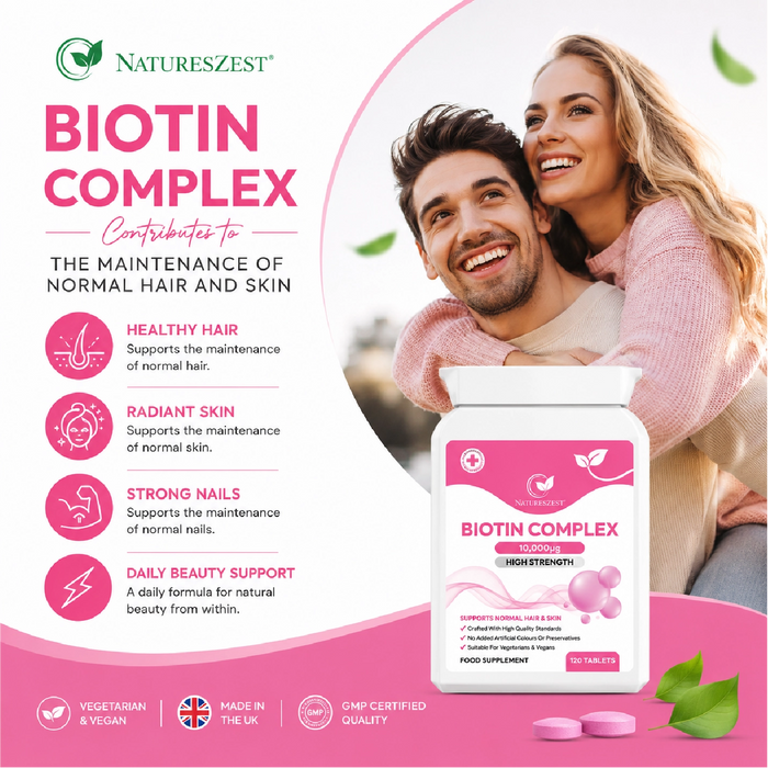 Biotin Complex for Hair, Skin & Nail Health – High Strength 10,000µg Vitamin B7, 120 Vegan Biotin Tablets