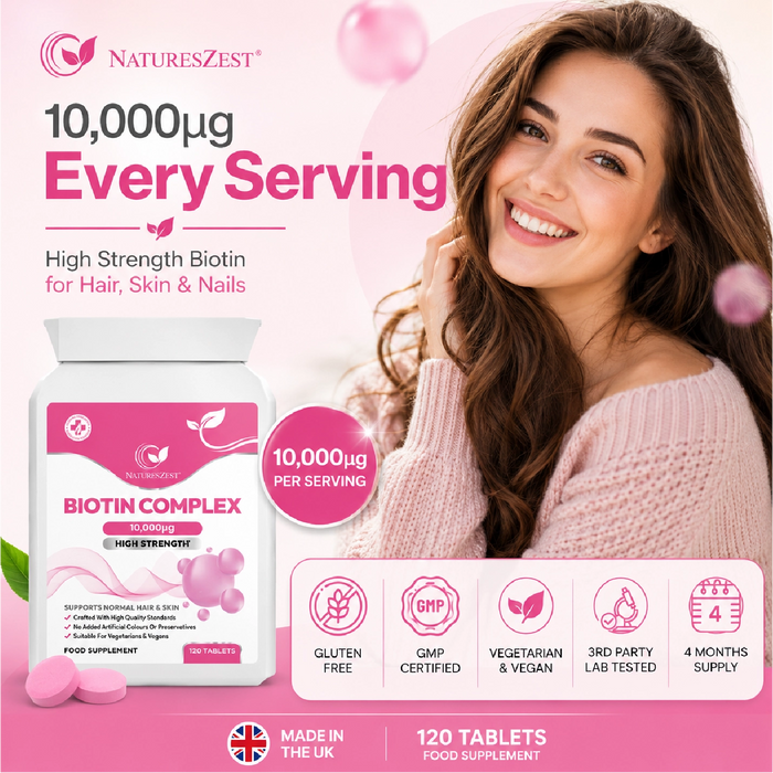 Biotin Complex for Hair, Skin & Nail Health – High Strength 10,000µg Vitamin B7, 120 Vegan Biotin Tablets