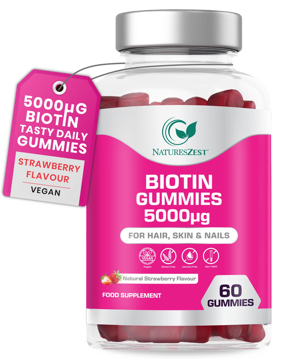 Biotin Gummies for Hair, Skin & Nail Support – 5000µg, Natural Strawberry Flavour, 60 Vegan Gluten-Free Non-GMO Gummies