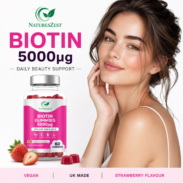 Biotin Gummies for Hair, Skin & Nail Support – 5000µg, Natural Strawberry Flavour, 60 Vegan Gluten-Free Non-GMO Gummies