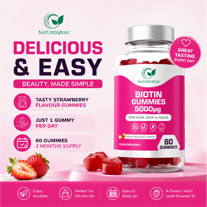 Biotin Gummies for Hair, Skin & Nail Support – 5000µg, Natural Strawberry Flavour, 60 Vegan Gluten-Free Non-GMO Gummies