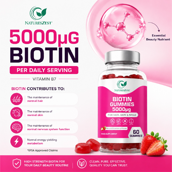 Biotin Gummies for Hair, Skin & Nail Support – 5000µg, Natural Strawberry Flavour, 60 Vegan Gluten-Free Non-GMO Gummies