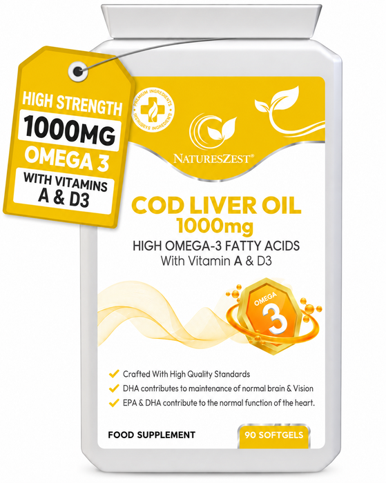 Cod Liver Oil for Heart, Brain & Vision Support – High Strength 1000mg Omega-3 with Vitamin A & D3, 90 Softgel Capsules
