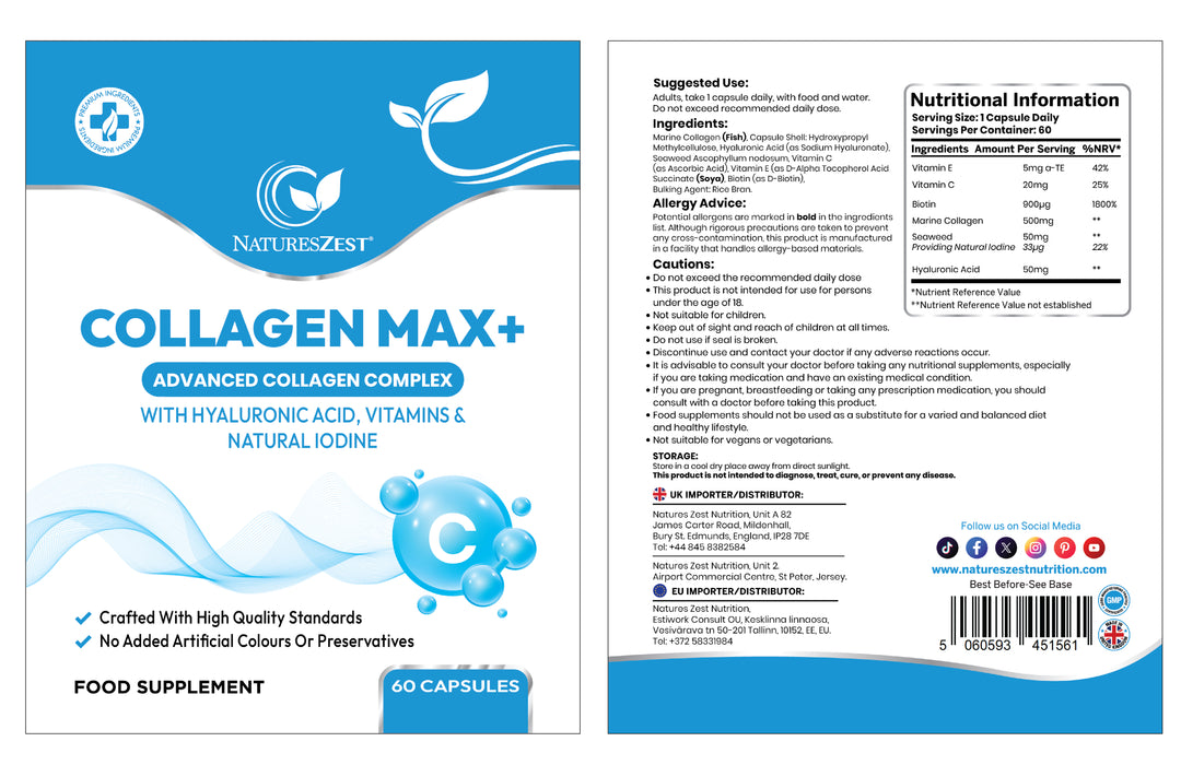 Collagen Capsules for Skin, Hair & Nail Health – Collagen MAX+ with Hyaluronic Acid, Seaweed, Vitamins C & E, Biotin, 60 Capsules