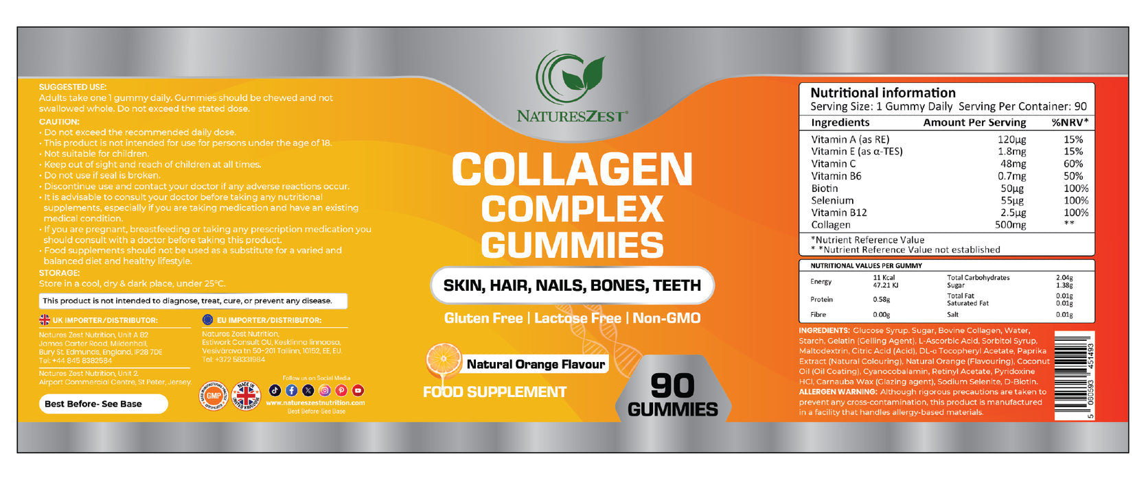 Collagen Gummies for Hair, Skin & Nail Support – With 500mg Collagen, Biotin, Vitamins C & E, Natural Orange Flavour, 90 Gummies
