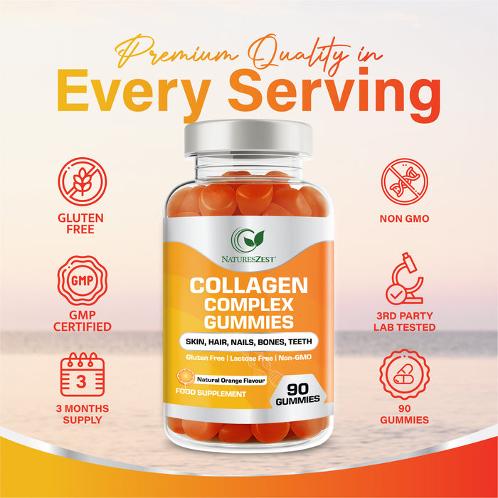 Collagen Gummies for Hair, Skin & Nail Support – With 500mg Collagen, Biotin, Vitamins C & E, Natural Orange Flavour, 90 Gummies