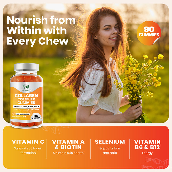 Collagen Gummies for Hair, Skin & Nail Support – With 500mg Collagen, Biotin, Vitamins C & E, Natural Orange Flavour, 90 Gummies