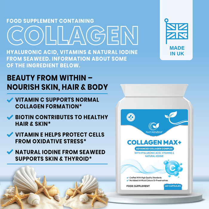 Collagen Capsules for Skin, Hair & Nail Health – Collagen MAX+ with Hyaluronic Acid, Seaweed, Vitamins C & E, Biotin, 60 Capsules