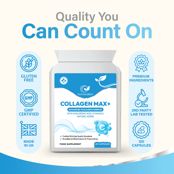 Collagen Capsules for Skin, Hair & Nail Health – Collagen MAX+ with Hyaluronic Acid, Seaweed, Vitamins C & E, Biotin, 60 Capsules