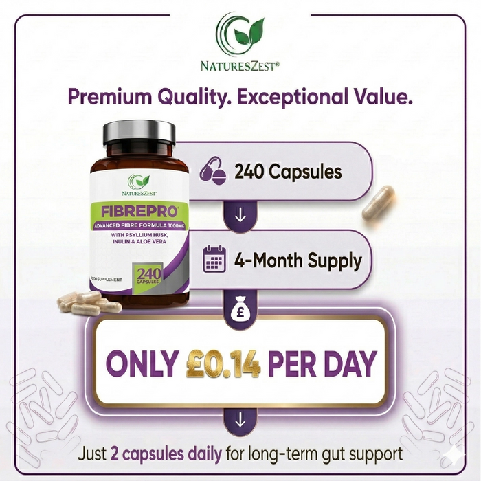 Daily Fibre Supplement for Digestive Health & Regularity Support – Fibre Pro 1000mg, 240 Vegan Capsules