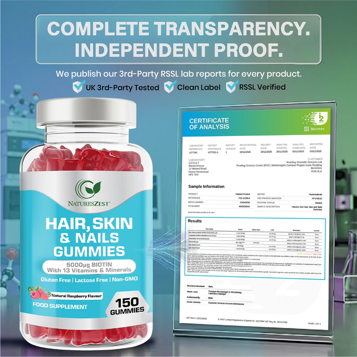 Hair, Skin & Nails Gummies with Biotin 5000µg – Natural Raspberry Flavour, 150 Vegan Gummies for Men & Women