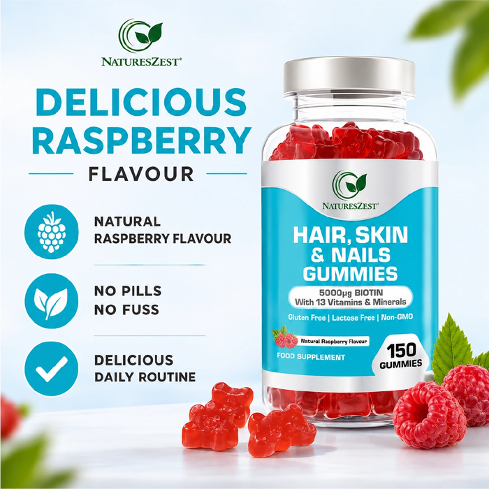 Hair, Skin & Nails Gummies with Biotin 5000µg – Natural Raspberry Flavour, 150 Vegan Gummies for Men & Women