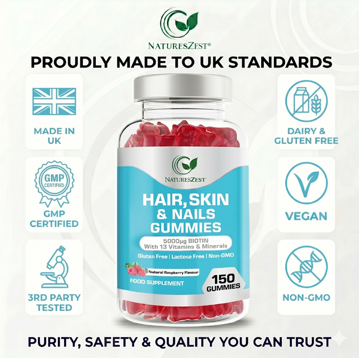 Hair, Skin & Nails Gummies with Biotin 5000µg – Natural Raspberry Flavour, 150 Vegan Gummies for Men & Women