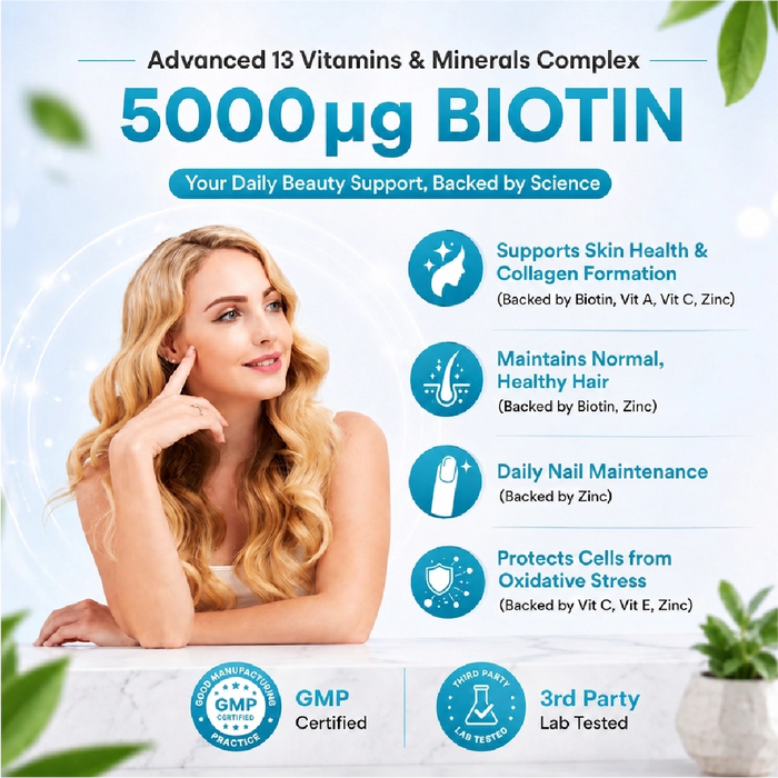 Hair, Skin & Nails Gummies with Biotin 5000µg – Natural Raspberry Flavour, 150 Vegan Gummies for Men & Women