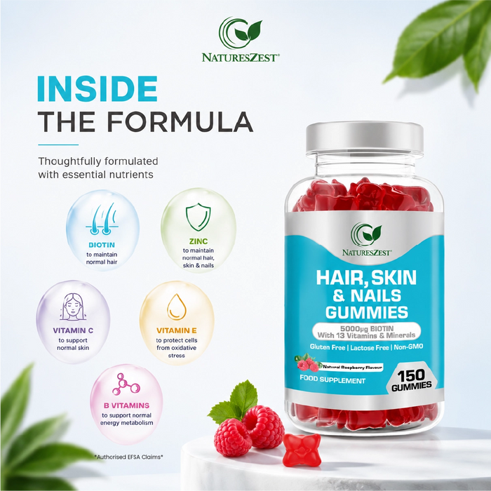 Hair, Skin & Nails Gummies with Biotin 5000µg – Natural Raspberry Flavour, 150 Vegan Gummies for Men & Women
