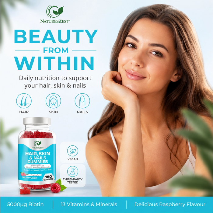 Hair, Skin & Nails Gummies with Biotin 5000µg – Natural Raspberry Flavour, 150 Vegan Gummies for Men & Women
