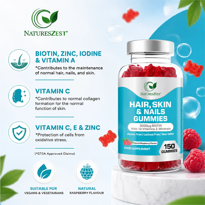 Hair, Skin & Nails Gummies with Biotin 5000µg – Natural Raspberry Flavour, 150 Vegan Gummies for Men & Women