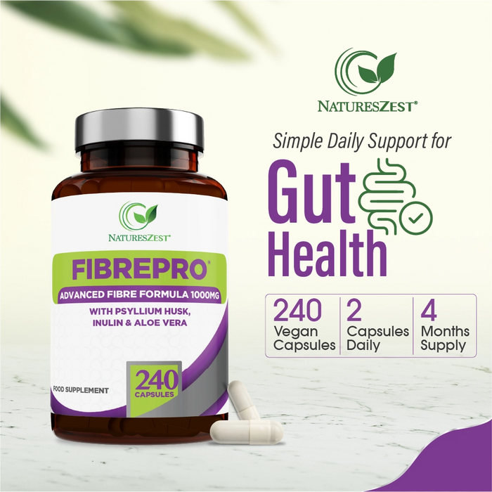 Daily Fibre Supplement for Digestive Health & Regularity Support – Fibre Pro 1000mg, 240 Vegan Capsules