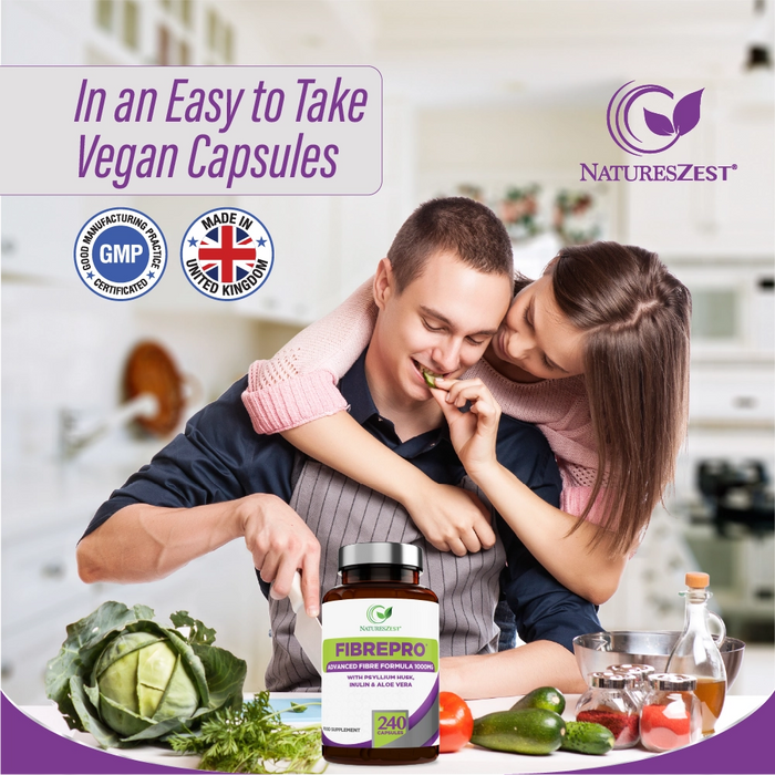 Daily Fibre Supplement for Digestive Health & Regularity Support – Fibre Pro 1000mg, 240 Vegan Capsules