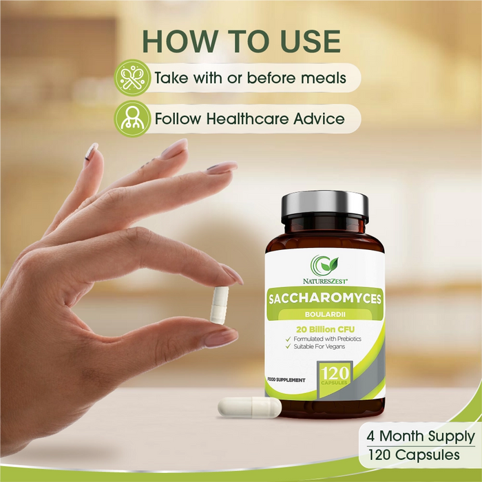 Probiotic for Travel & Post-Antibiotic Support – Saccharomyces Boulardii 20 Billion CFU with Prebiotics, 120 Capsules