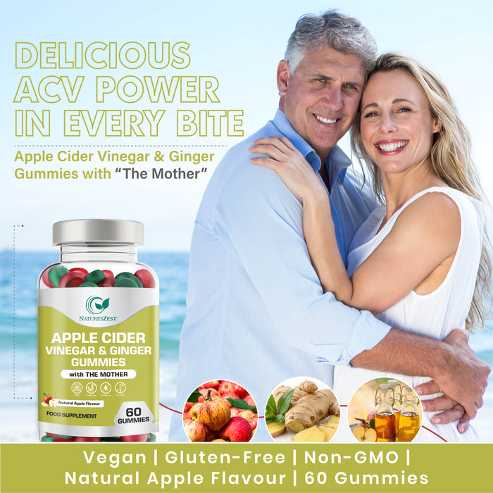 Apple Cider Vinegar & Ginger Gummies with The Mother | 500mg ACV + 10mg Ginger per Serving, Natural Apple Flavour | 60 Gummies