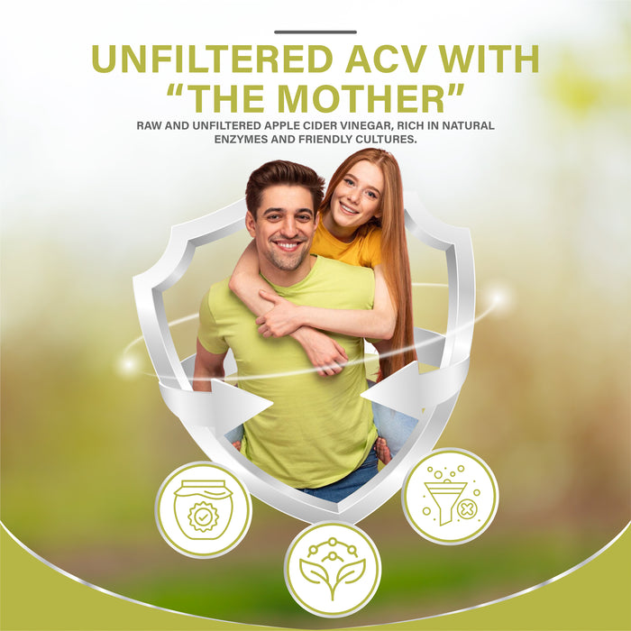 Apple Cider Vinegar & Ginger Gummies with The Mother | 500mg ACV + 10mg Ginger per Serving, Natural Apple Flavour | 60 Gummies