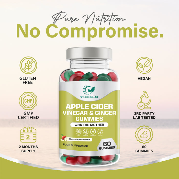 Apple Cider Vinegar & Ginger Gummies with The Mother | 500mg ACV + 10mg Ginger per Serving, Natural Apple Flavour | 60 Gummies