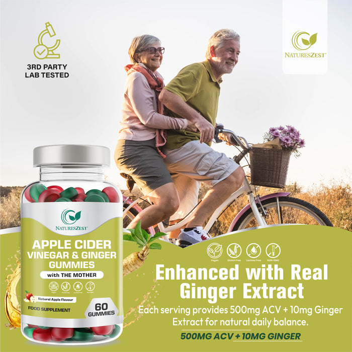 Apple Cider Vinegar & Ginger Gummies with The Mother | 500mg ACV + 10mg Ginger per Serving, Natural Apple Flavour | 60 Gummies