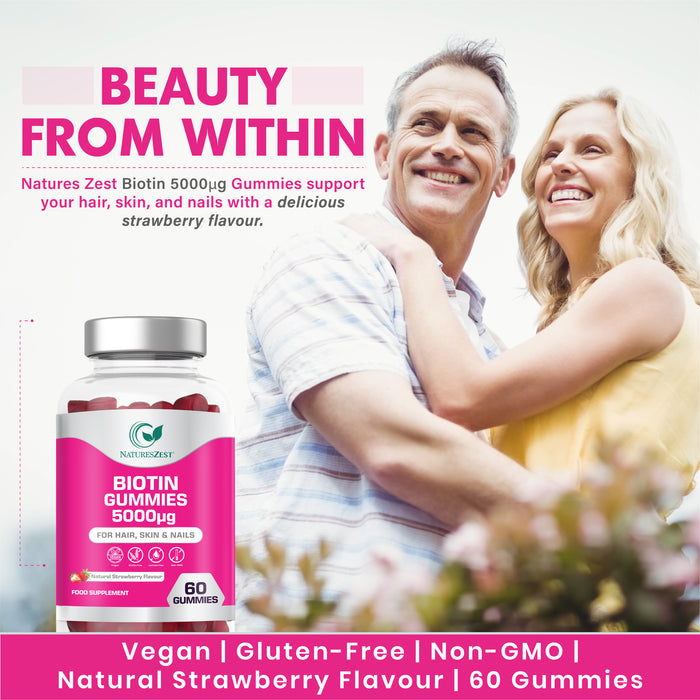 Biotin Gummies for Hair, Skin & Nail Support – 5000µg, Natural Strawberry Flavour, 60 Vegan Gluten-Free Non-GMO Gummies
