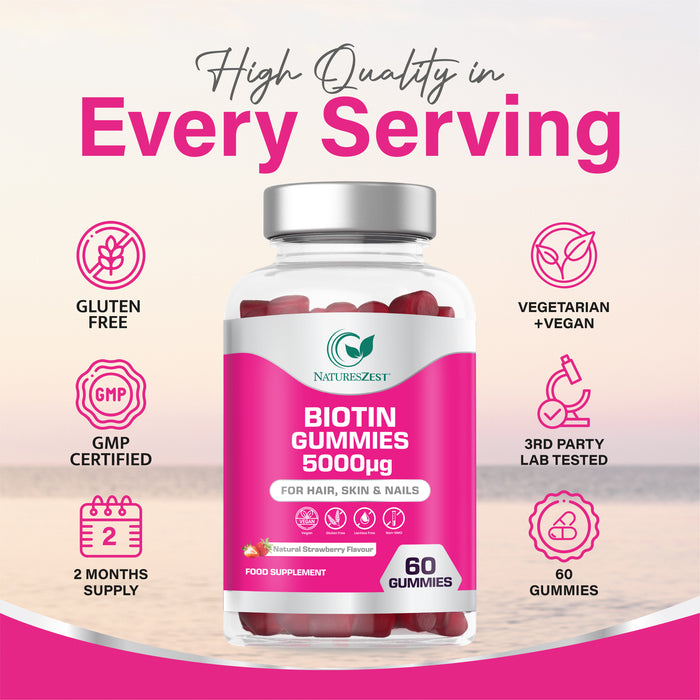 Biotin Gummies for Hair, Skin & Nail Support – 5000µg, Natural Strawberry Flavour, 60 Vegan Gluten-Free Non-GMO Gummies