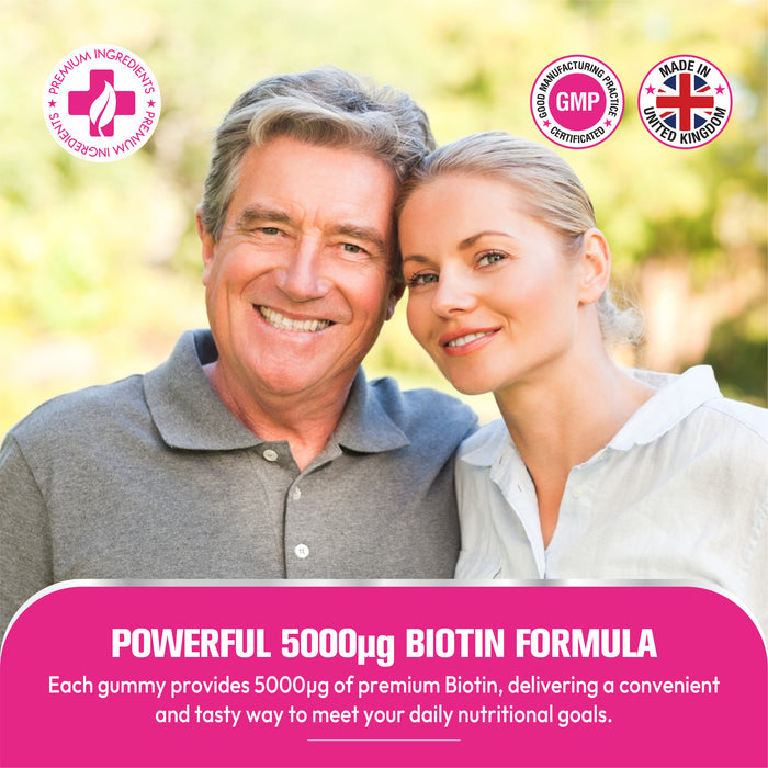 Biotin Gummies for Hair, Skin & Nail Support – 5000µg, Natural Strawberry Flavour, 60 Vegan Gluten-Free Non-GMO Gummies