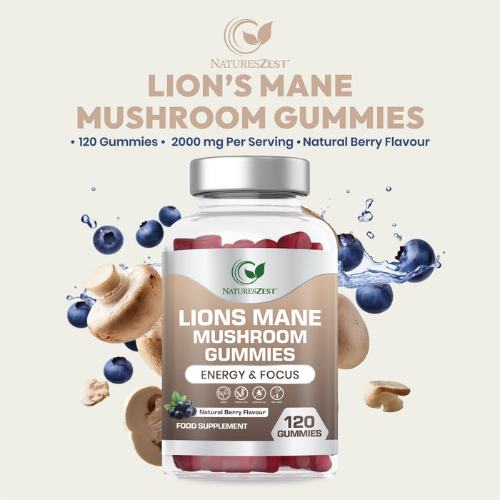 Lion’s Mane Gummies for Focus & Memory Support – 2000mg, 120 Vegan Berry Flavour Gummies for Brain Health