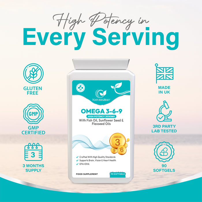 Omega 3-6-9 for Heart, Brain & Vision Support – High Strength 3000mg Softgels with EPA & DHA – Fish, Flaxseed & Sunflower Oils