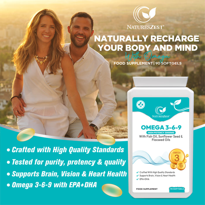 Omega 3-6-9 for Heart, Brain & Vision Support – High Strength 3000mg Softgels with EPA & DHA – Fish, Flaxseed & Sunflower Oils