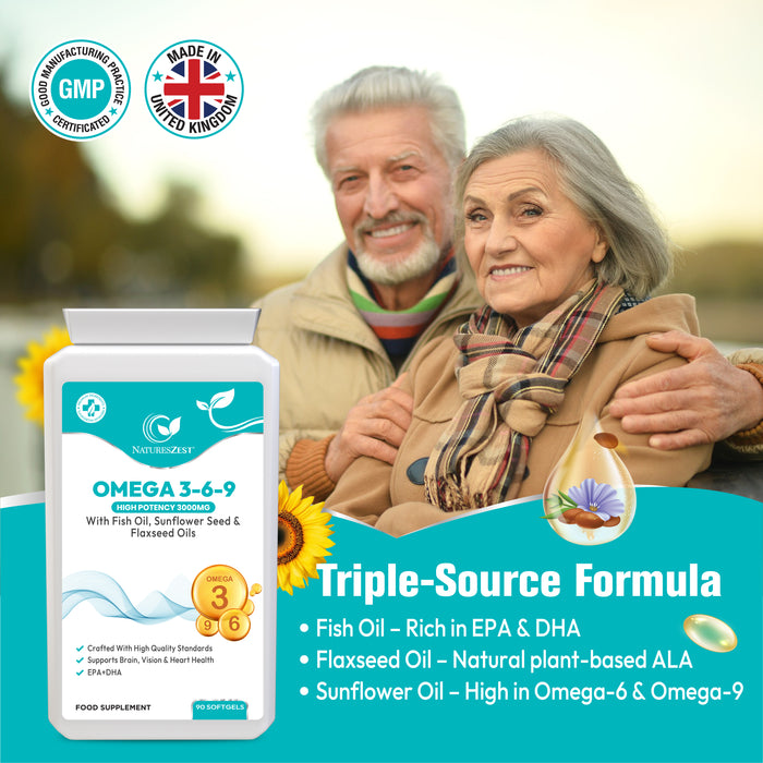 Omega 3-6-9 for Heart, Brain & Vision Support – High Strength 3000mg Softgels with EPA & DHA – Fish, Flaxseed & Sunflower Oils