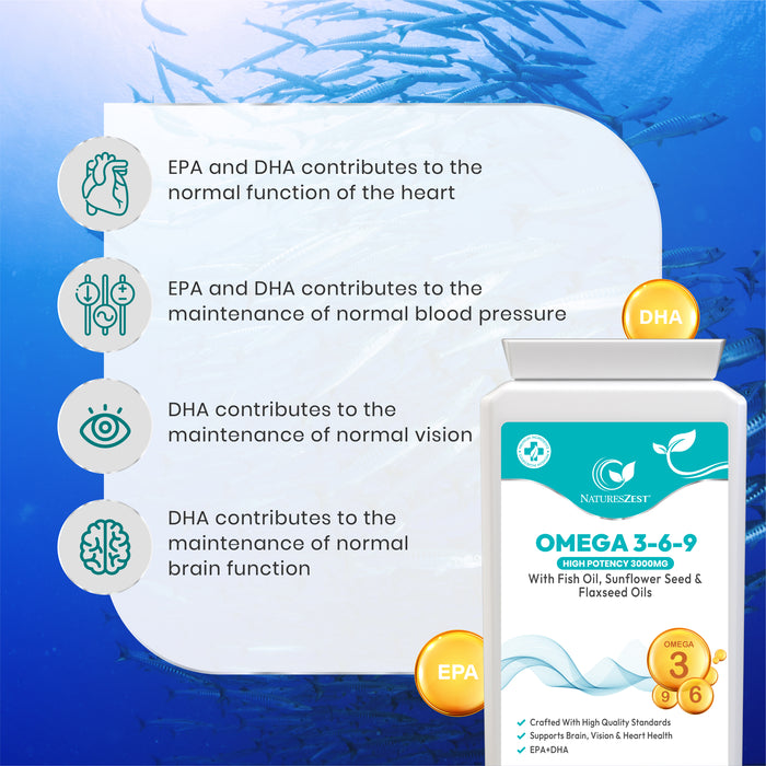 Omega 3-6-9 for Heart, Brain & Vision Support – High Strength 3000mg Softgels with EPA & DHA – Fish, Flaxseed & Sunflower Oils